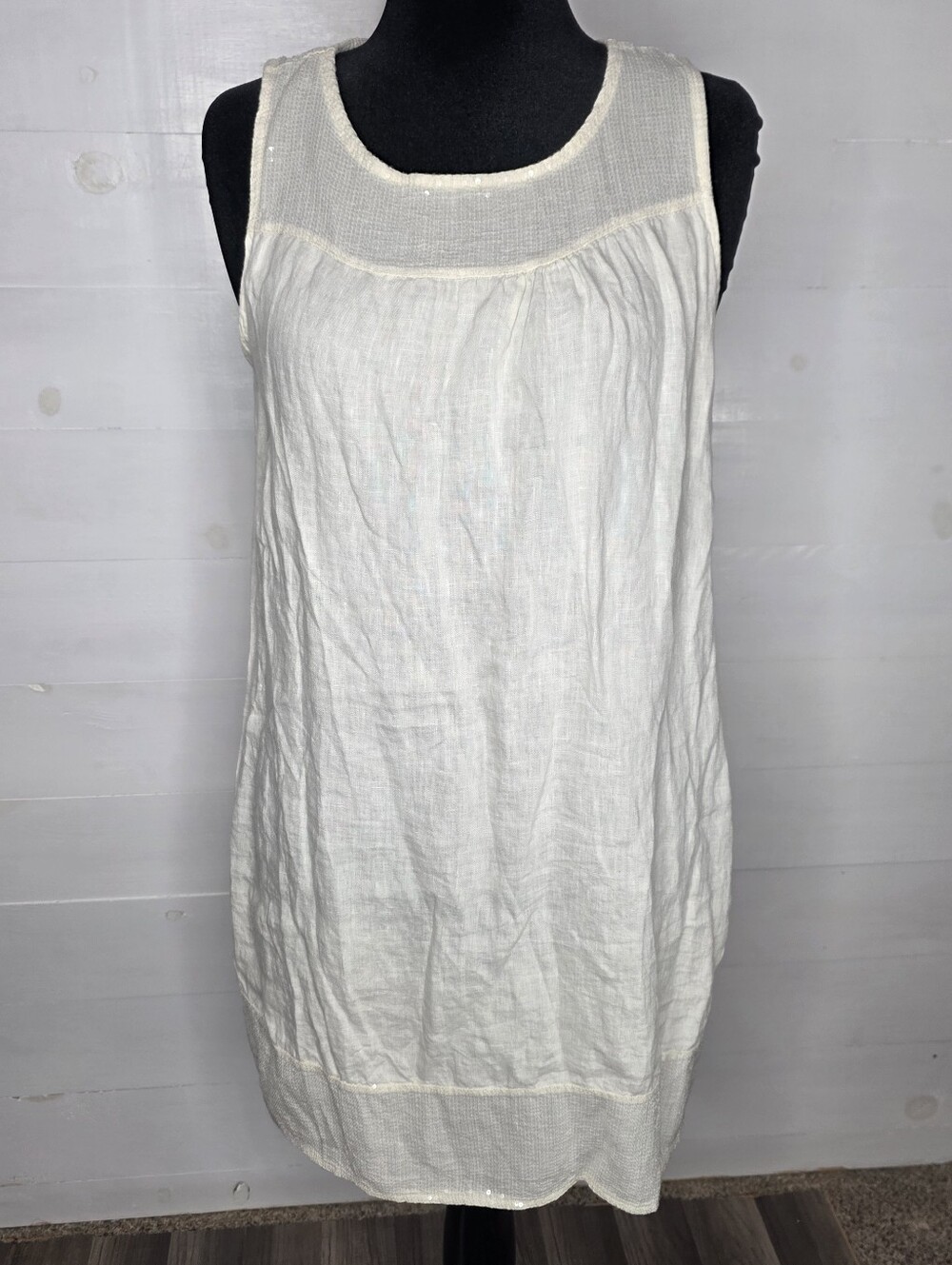 Lungo L'arno Italy Linen Sequin Accent Shift Dress Boho Coastal Summer Artsy. M